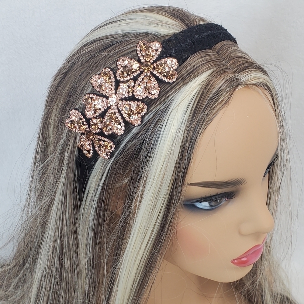 Yellow Gold Crystals Floral Black Lace Hair Band